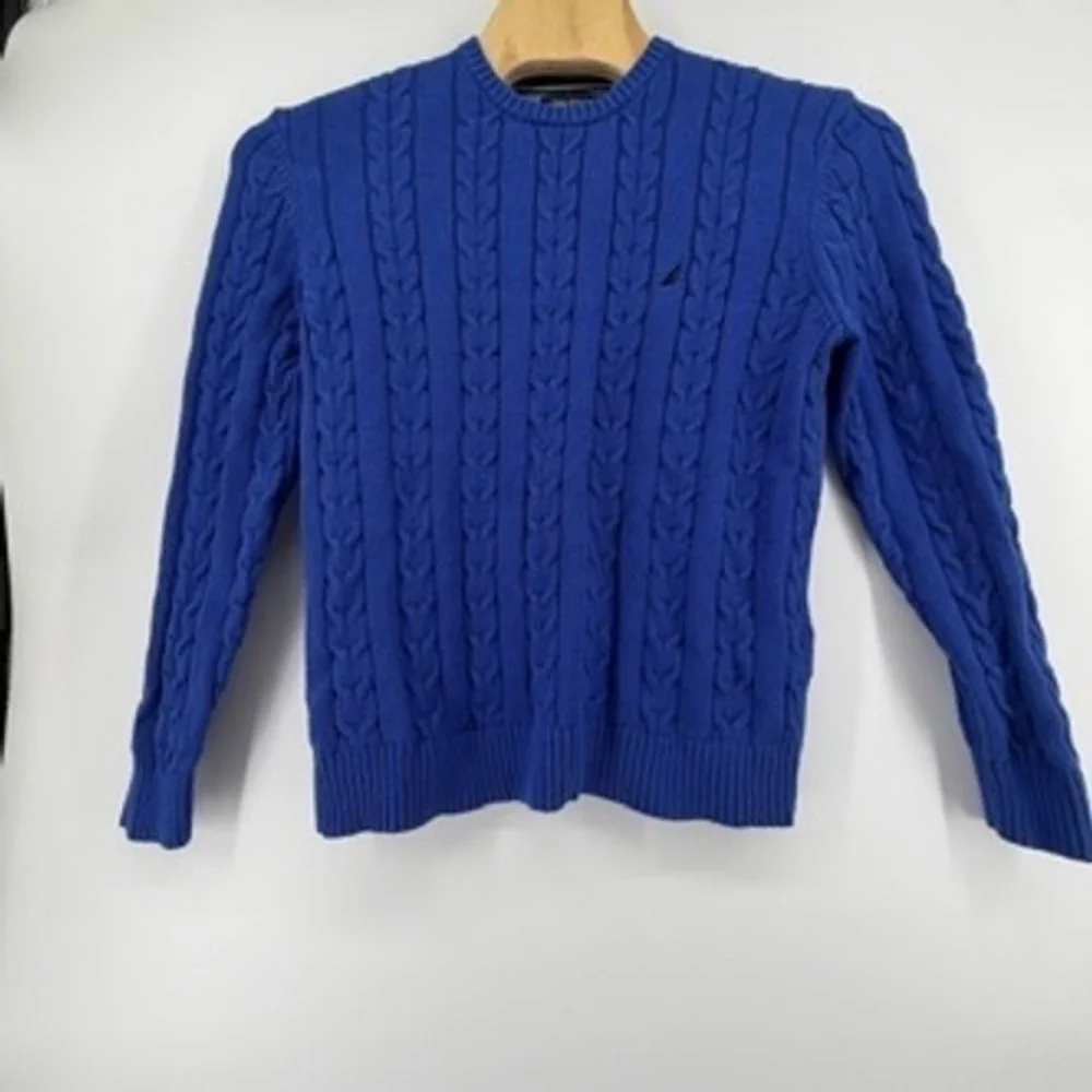 Nautica‎ Mens Royal Blue Cable Knit Cotton Crewneck Sweater Large Logo Pullover